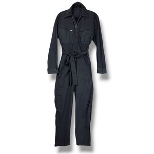 J Lux Label Black Nylon Long Sleeve Jumpsuit Tie Waist Pockets Zip-up Size S